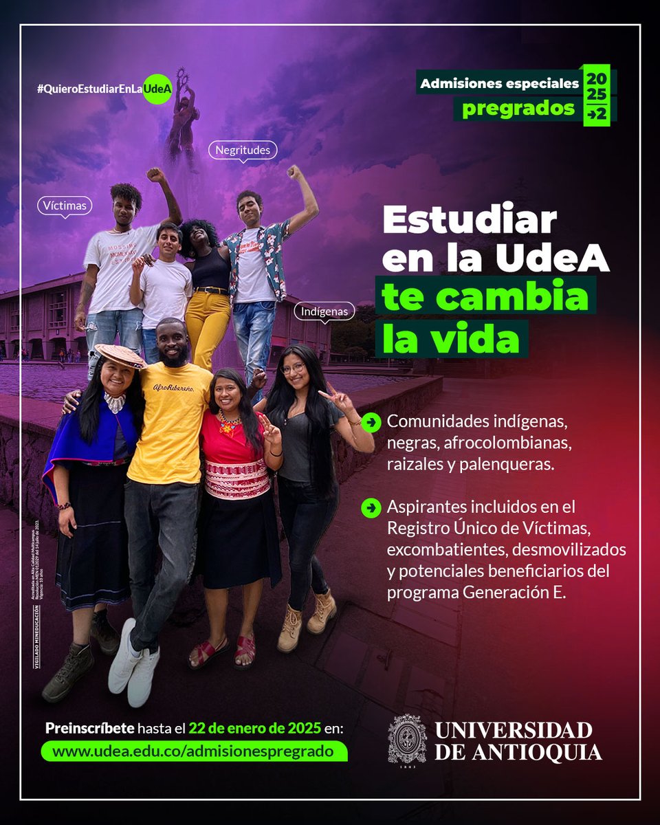 🤓💚 Indígenas, afros y víctimas: ¡Les esperamos en la #UdeA! ✅ Están abiertas las preinscripciones para que incies el proceso de admisión y estudies tu pregrado a partir del segundo semestre de 2025.

👉🏾 Recuerda que tienes exención de pago de tus derechos de inscripción por