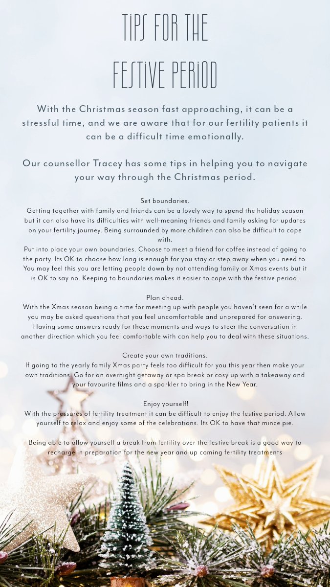 At @Yorkshire Fertility  we understand that patients maybe struggling with the run up to the festive period? We have put together a helpful guide to try help to navigate and respond to triggers.

#FestiveSeason #Christmas #fertilityjourney #fertilitysupport #YorkshireFertility