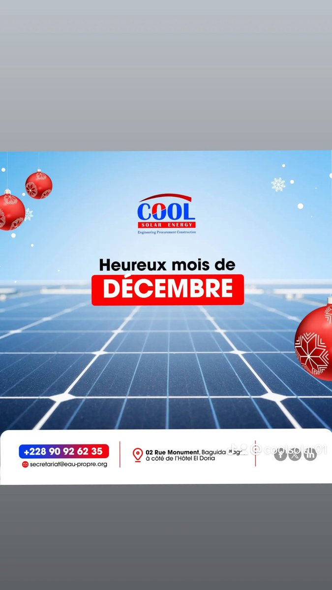 Cool Solar Energy vous souhaite un excellent mois de décembre, placé sous le signe de l'innovation et de l'énergie durable. 🌟☀️

#CoolSolarEnergy #EnergieRenouvelable #InnovationDurable #EnergieSolaire #Décembre2024 #AvenirÉcologique