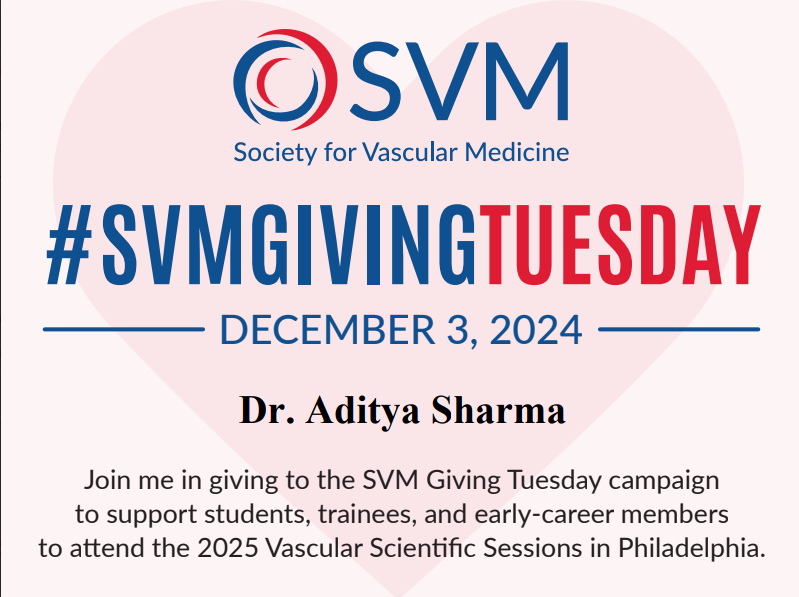 adityasharmamd's tweet photo. I’m proud to support #SVMGivingTuesday! Join me in helping the next generation of vascular medicine professionals attend the 2025 Vascular Scientific Sessions. Donate here: https://t.co/Q53tph66q4 @SVM_tweets https://t.co/QZaaBJCvnO
