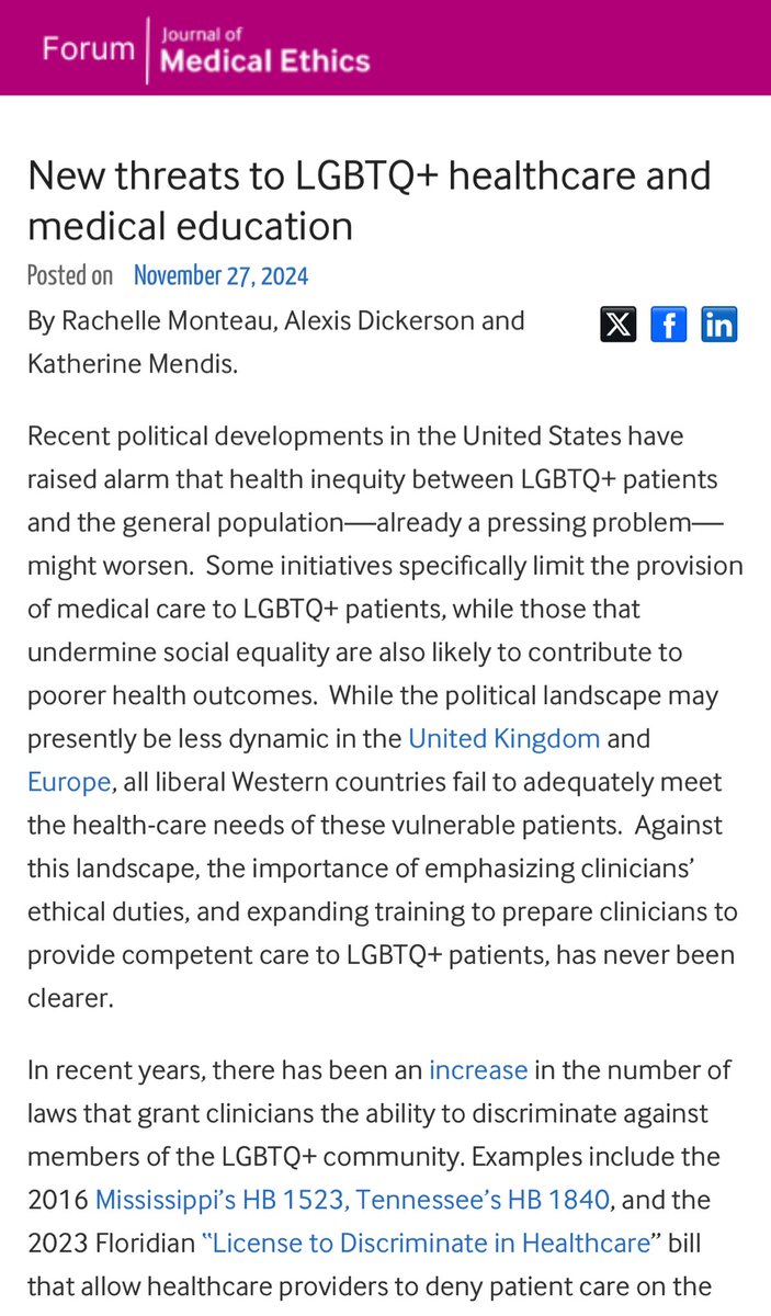 Rachelle Monteau (@monteaurachelle) on Twitter photo New article out focusing on the lack of #MedEd surrounding #lgbtq healthcare and #medicalethics with recent anti-LGBTQ legislation. Thank you <a href="/katherinemendis/">Katherine Mendis</a> for your guidance and support! <a href="/CUNYMed/">CUNY School of Medicine</a>
blogs.bmj.com/medical-ethics… New article out focusing on the lack of #MedEd surrounding #lgbtq healthcare and #medicalethics with recent anti-LGBTQ legislation. Thank you <a href="/katherinemendis/">Katherine Mendis</a> for your guidance and support! <a href="/CUNYMed/">CUNY School of Medicine</a>
blogs.bmj.com/medical-ethics…