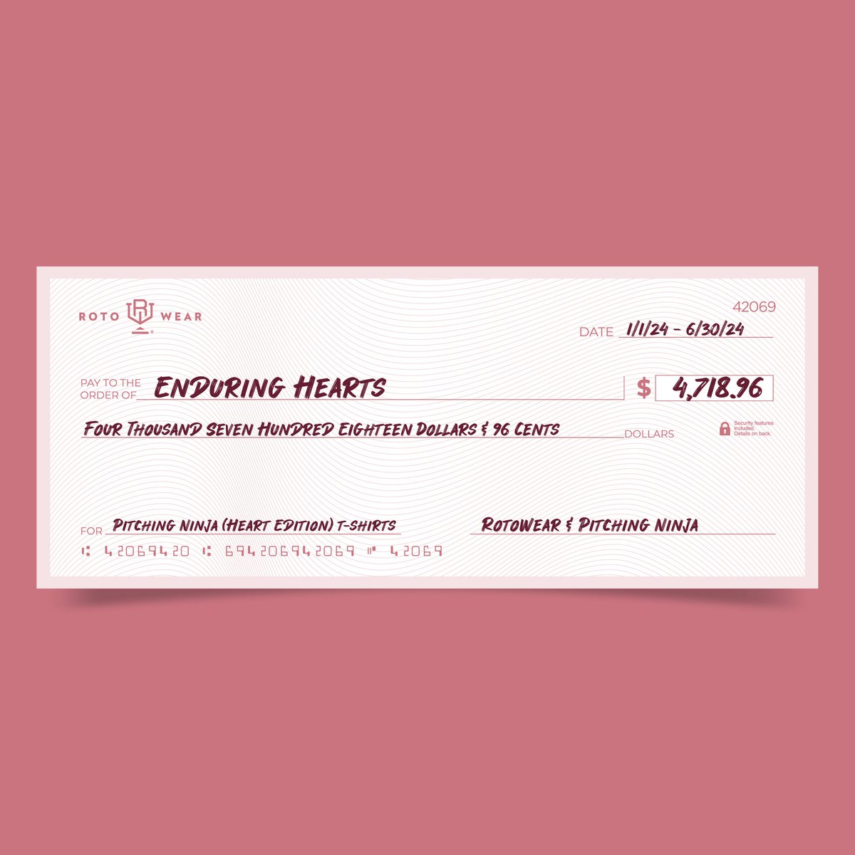 RotoWear's tweet photo. We’re proud to have donated $4,718.96 to @EnduringHearts with proceeds from our @PitchingNinja (Heart Edition) shirt! Thank you to everyone who purchased a shirt and helped support their mission to help kids with heart transplants live longer, healthier lives.

👇 donate directly:
https://t.co/wM9fiOqdgT