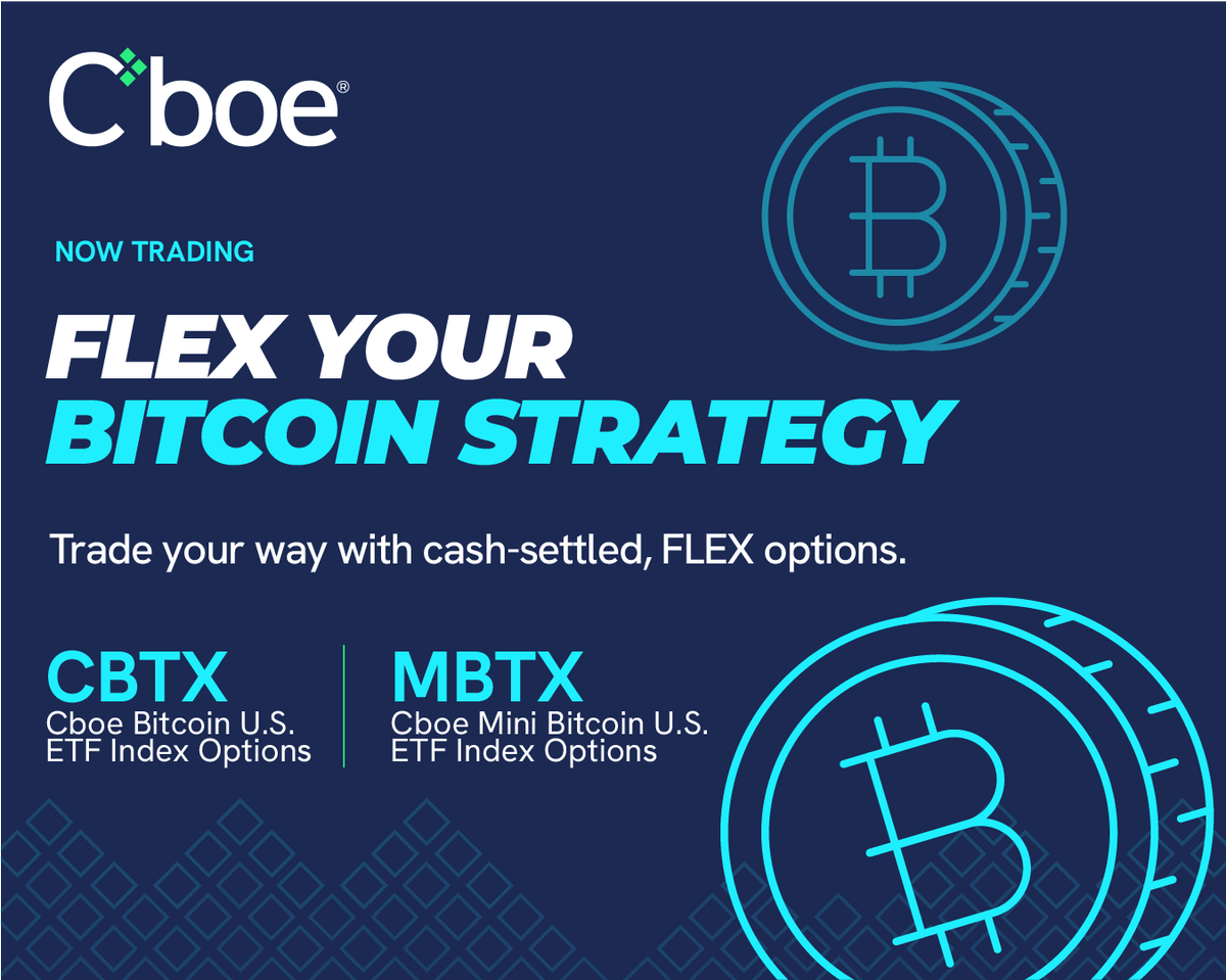 Cboe's tweet photo. Available as standard monthly, EOM, or customizable FLEX contracts, Cboe Bitcoin U.S. ETF Index Options (#CBTX) &amp; Cboe Mini Bitcoin U.S. ETF Index Options (#MBTX) allow you to gain more access to crypto, without having to worry about holding crypto.

➡️ https://t.co/q8l0DjgmAV https://t.co/yXYLqHt0jz