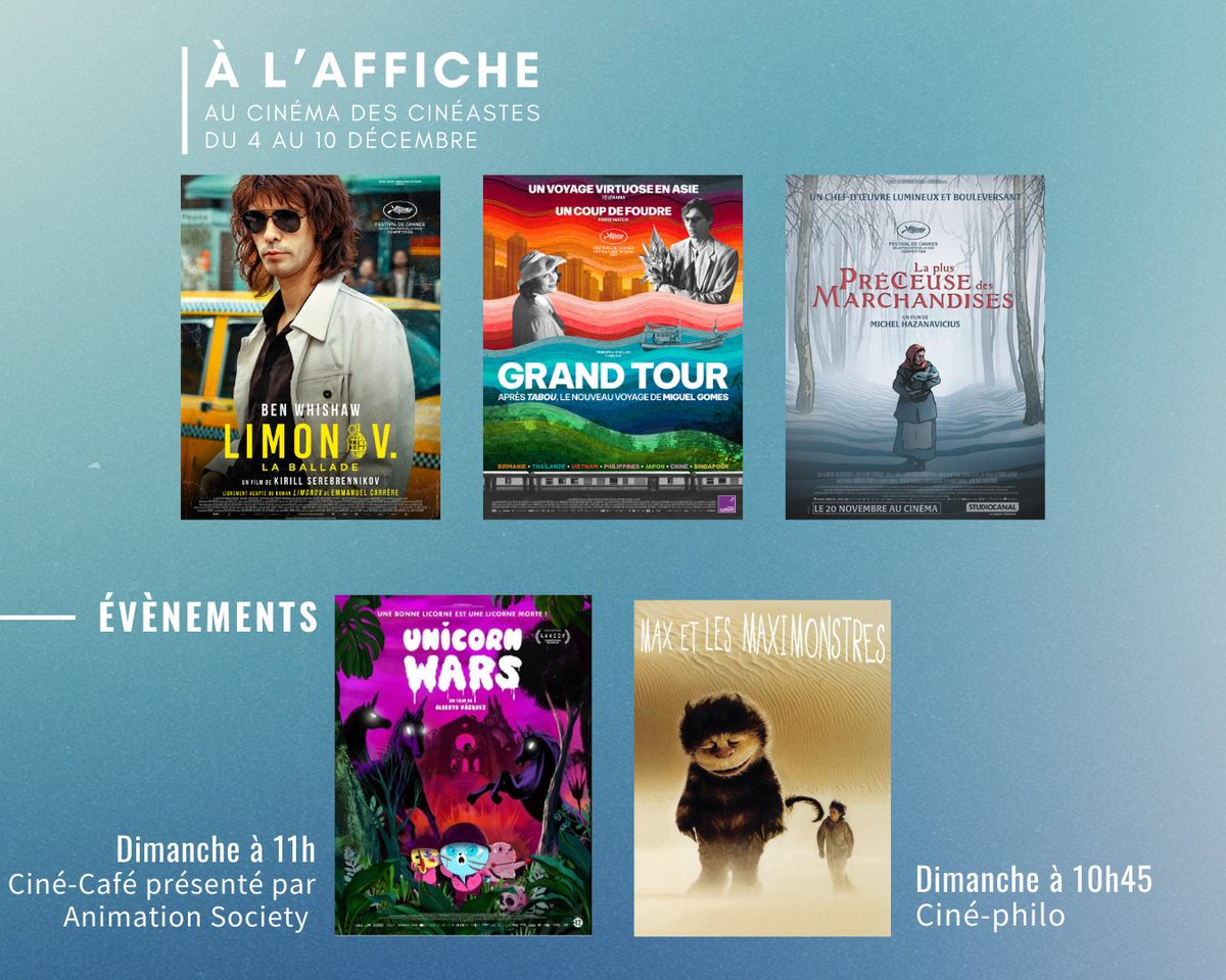 🎬 Cette semaine au Cinéma des Cinéastes
Découvrez les films à l’affiche du 4 au 10 décembre.

🎟️ Infos et billetterie 👉 cinema-des-cineastes.fr

#cinema #cinemadescineastes #cinemaindependant #paris17 #ArtEtEssai #Films #filmsdelasemaine #filmsàvoir