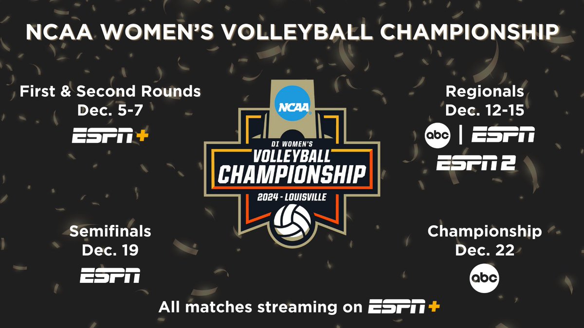 ESPNPR's tweet image. Beginning Thurs, ESPN platforms exclusively present every point of the @NCAAVolleyball Championship

🏐First &amp;amp; Second Rounds | ESPN+
🏐&apos;The Fifth Set&apos; whip-around show returns for the 3rd season
🏐ESPN Volleyball Championship Challenge is NOW open

More: bit.ly/49fs3nn