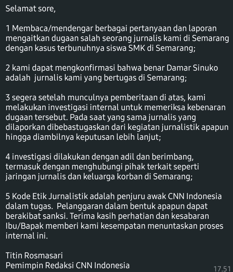 Breaking News

Wartawan CNN atas nama Damar Sinuko yang ikut intimidasi dan suruh keluarga korban penembakan polisi di Semarang bikin pernyataan damai.