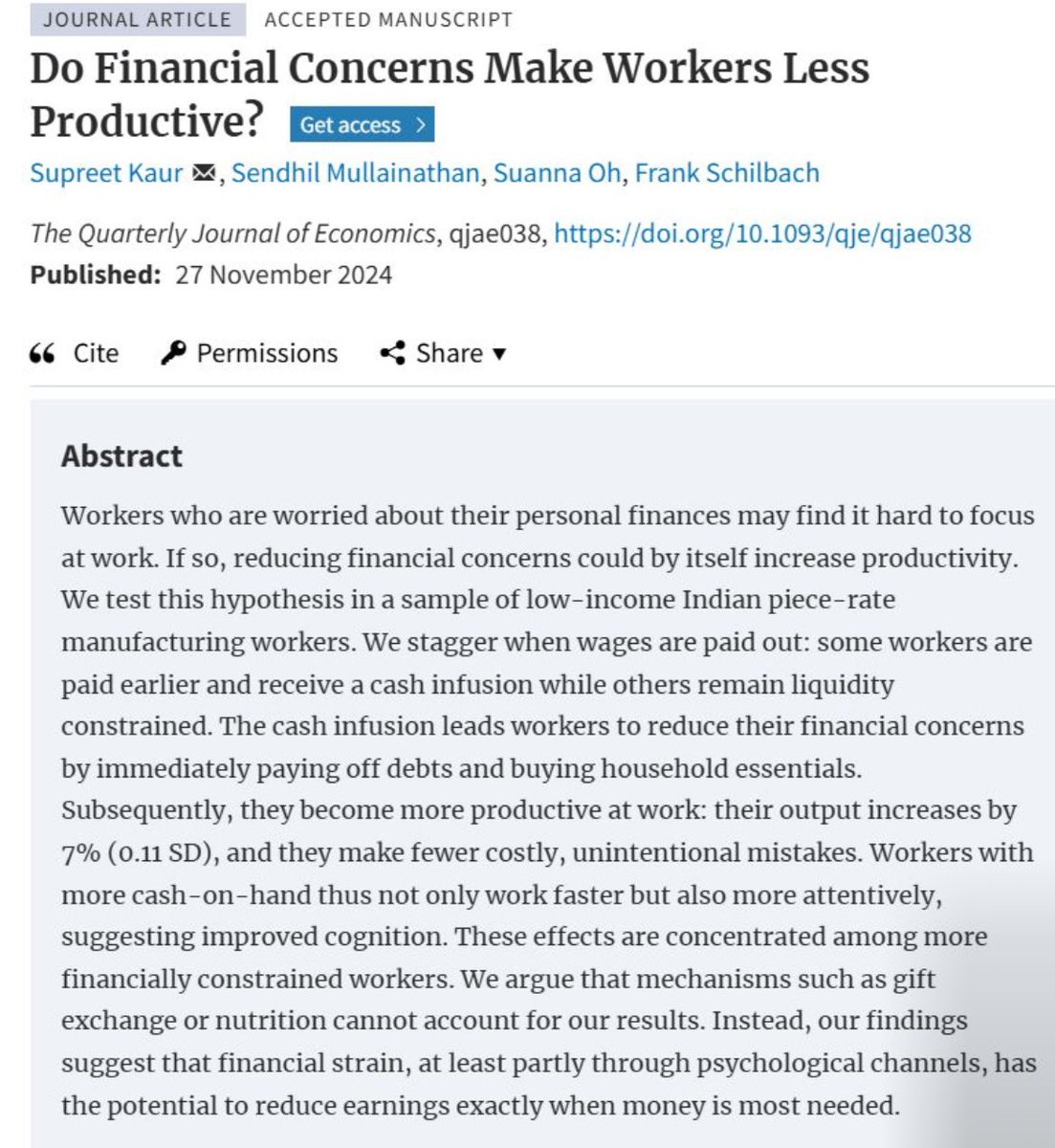ValerioCapraro's tweet photo. This article addresses an important question: 

How does financial scarcity impact productivity at work?

On the one hand, one might think that financial scarcity could increase motivation, potentially leading to a rise in productivity.

On the other hand, one might think that financial scarcity could increase anxiety, which could result in a lack of focus and, therefore, a decrease in productivity.

This study randomizes the payment of extremely poor workers in India to test the causal effect of financial scarcity on productivity in a job that requires planning and focus. 

The results show that financial scarcity causes a decrease in productivity, partly due to a reduced capacity for planning and a lack of focus.

This article highlights an important reason why escaping the poverty trap may be difficult: poverty reduces the ability to plan for the long term and diminishes focus.

This article also prompts us to reflect on the social consequences of poverty: reducing poverty can lead to social benefits, in the form of increased productivity.

People perform better when they don’t have to worry about how to pay their bills.

Full paper: https://t.co/cSaX13j5jw
