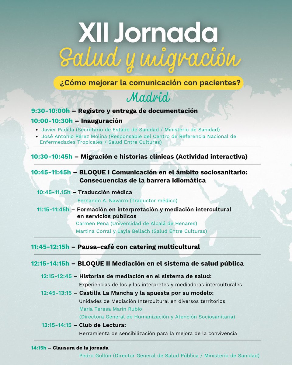 Invitación a la XII Jornada Salud y Migración de Salud Entre Culturas. ¡Queremos que nos acompañes! 

Será el miércoles 18/12 en la sede del Ministerio de Sanidad <a href="/sanidadgob/">Ministerio de Sanidad</a> en Madrid. Con interpretación LSE <a href="/SignarLSE/">SIGNAR</a>.

Inscríbete gratis aquí: forms.gle/PozXxdE1ZCRnmV… @pgullon