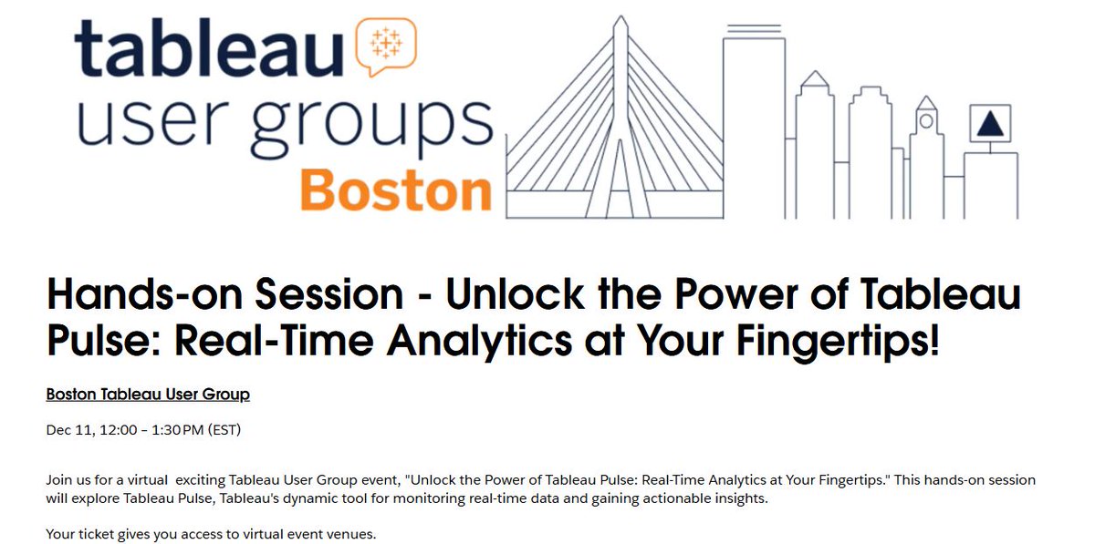 🚨 Exciting news #dataFam ! 
The <a href="/bostontug/">@BostonTUG</a>  is hosting a virtual hands-on session on <a href="/tableau/">Tableau</a> Pulse on Dec 11 ! 
If you haven't tried Pulse or are unsure how it works, this will be a great starting point with plenty of tips and resources.
Join us !! RSVP: tinyurl.com/TableauPulse