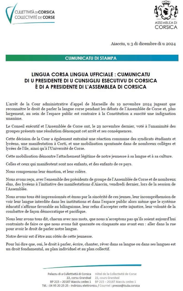 Maupertuis_N's tweet photo. Eri, oghje è dumane: lingua corsa, lingua ufficiale! 

« Emu bisognu di tè
Pè ùn esse for’ di ghjocu
Emu bisognu di tè
Pè ùn perde filu indocu
Pè tene incesu u focu
Di l’amore di stu locu
Per esse è per esse bè
Emu bisognu di tè »

Cumunicatu cumunu di a Presidente di l’Assemblea di Corsica è di u Presidente di u Cunsigliu esecutivu ↘️

@AssembleeCorse @IsulaCorsica