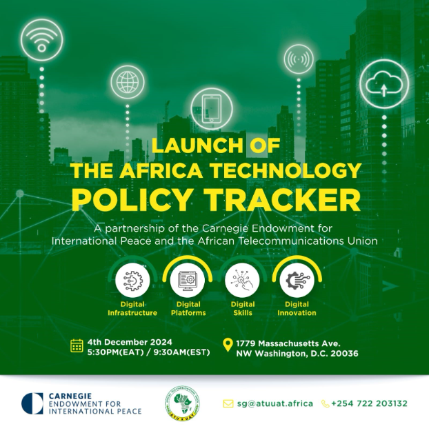 AfricaCarnegie's tweet photo. ‼️Join the Africa program tomorrow, December 4, 2024, at 9:30 am EST (5:30 pm EAT) for our in-person launch of AfTech, the first-ever continent-wide aggregate of digital economy laws, policies, and regulations – developed in partnership with @ATU_UAT. https://t.co/V5A33VYItM