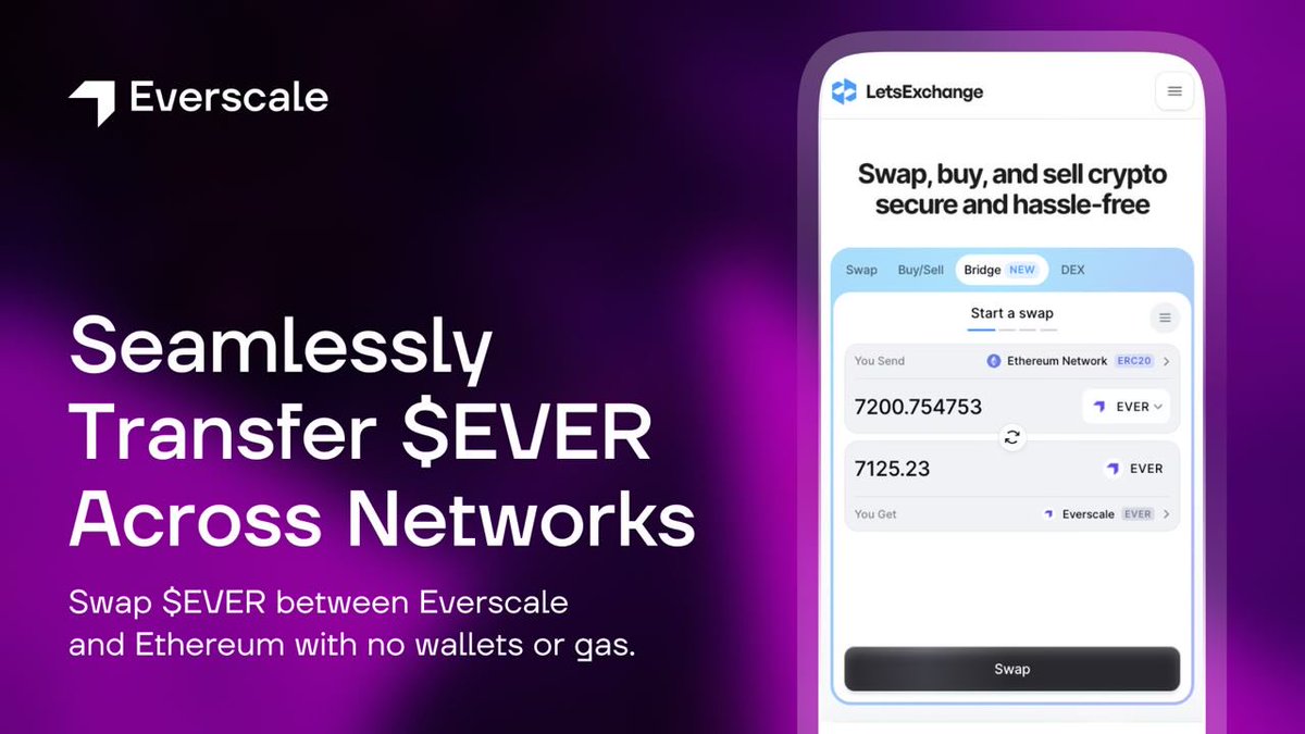 🌉 LetsExchange Launches EVER Cross-Chain Bridge Our partners at  @letsexchange_io have launched a powerful cross-chain bridge, enabling  seamless swaps of $EVER tokens between the Everscale and Ethereum networks.  No wallet connection or