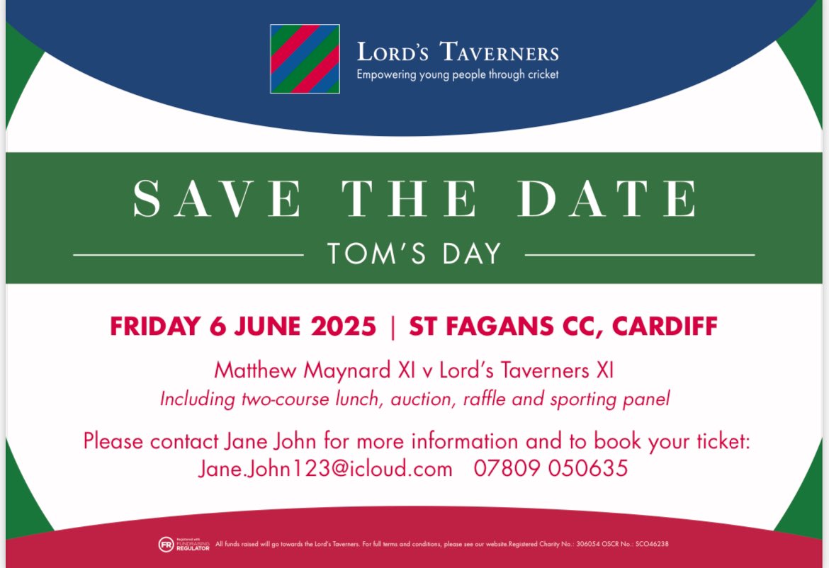 We're delighted to announce Tom's Day in 2025 will be in aid of <a href="/LordsTaverners/">Lord's Taverners</a>.

The event will be held on Friday 6th June and follow its well-established and entertaining form. 

As ever, to book your ticket or table please contact <a href="/Jej6150/">Jane john</a>. 

Please share and spread the word.
