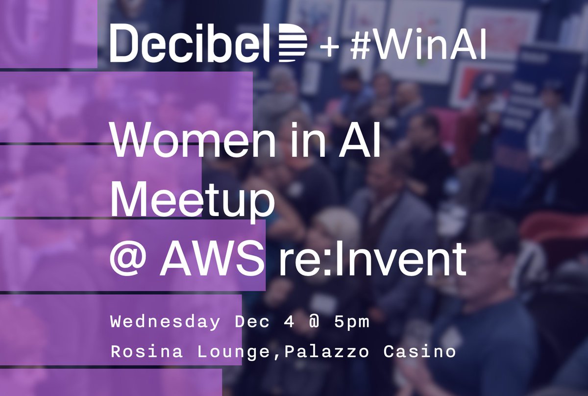 jonsakoda's tweet photo. One of the big highlights of the year for the Decibel community is our annual AWS re:Invent “VPC” event (Vibes Plus Cocktails)
This year we are excited to partner with Women in AI (#WinAI) to celebrate our inspiring community of >100 female product and engineering leaders building with AI today
If you are coming to Vegas and are interested in participating in this rapidly growing movement, please come to our meetup on Wednesday (details in link below)
All friends, allies, and advocates are welcome!