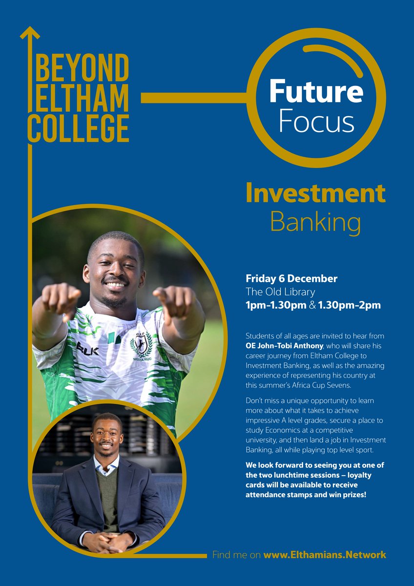 Eltham College (@elthamcollegeuk) on Twitter photo Excited to welcome OE John-Tobi Anthony back on Friday for our first ‘Beyond Eltham College’ careers talk! 
From Economics at Warwick to working in Investment Banking and representing his country at the Africa Cup Sevens, his talk is set to inspire! 🎓🏉 Excited to welcome OE John-Tobi Anthony back on Friday for our first ‘Beyond Eltham College’ careers talk! 
From Economics at Warwick to working in Investment Banking and representing his country at the Africa Cup Sevens, his talk is set to inspire! 🎓🏉