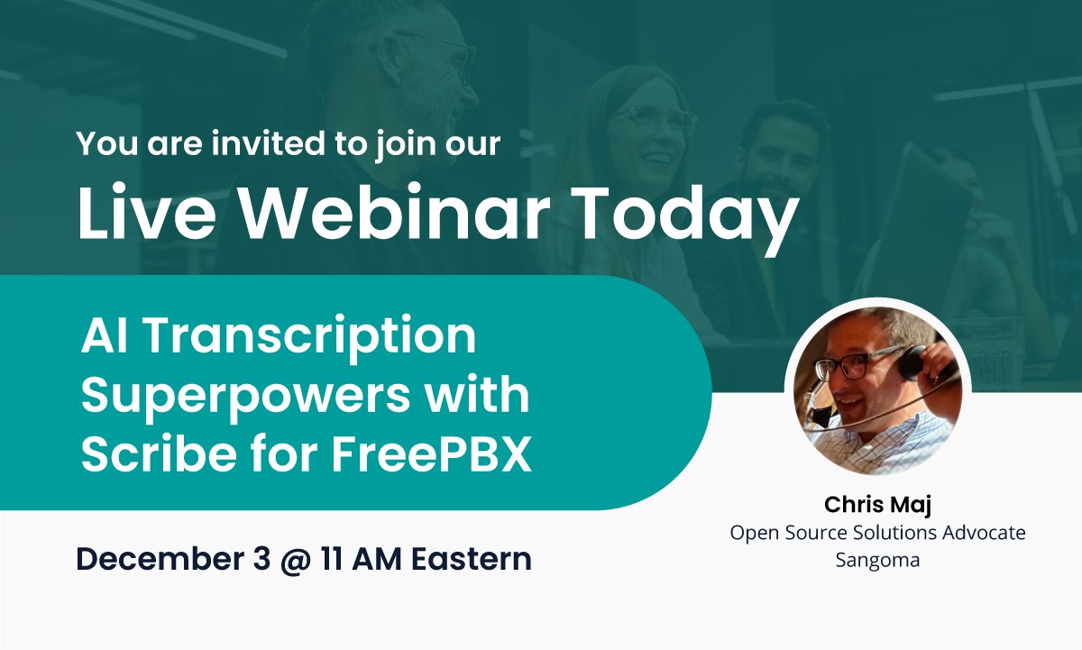 FreePBX's tweet image. It's webinar day! Join us in one hour at 11 AM Eastern and discover how #Scribe, the AI-powered transcription module for #FreePBX and #PBXact can level up your call analytics! Register at hubs.ly/Q02Y7fn60