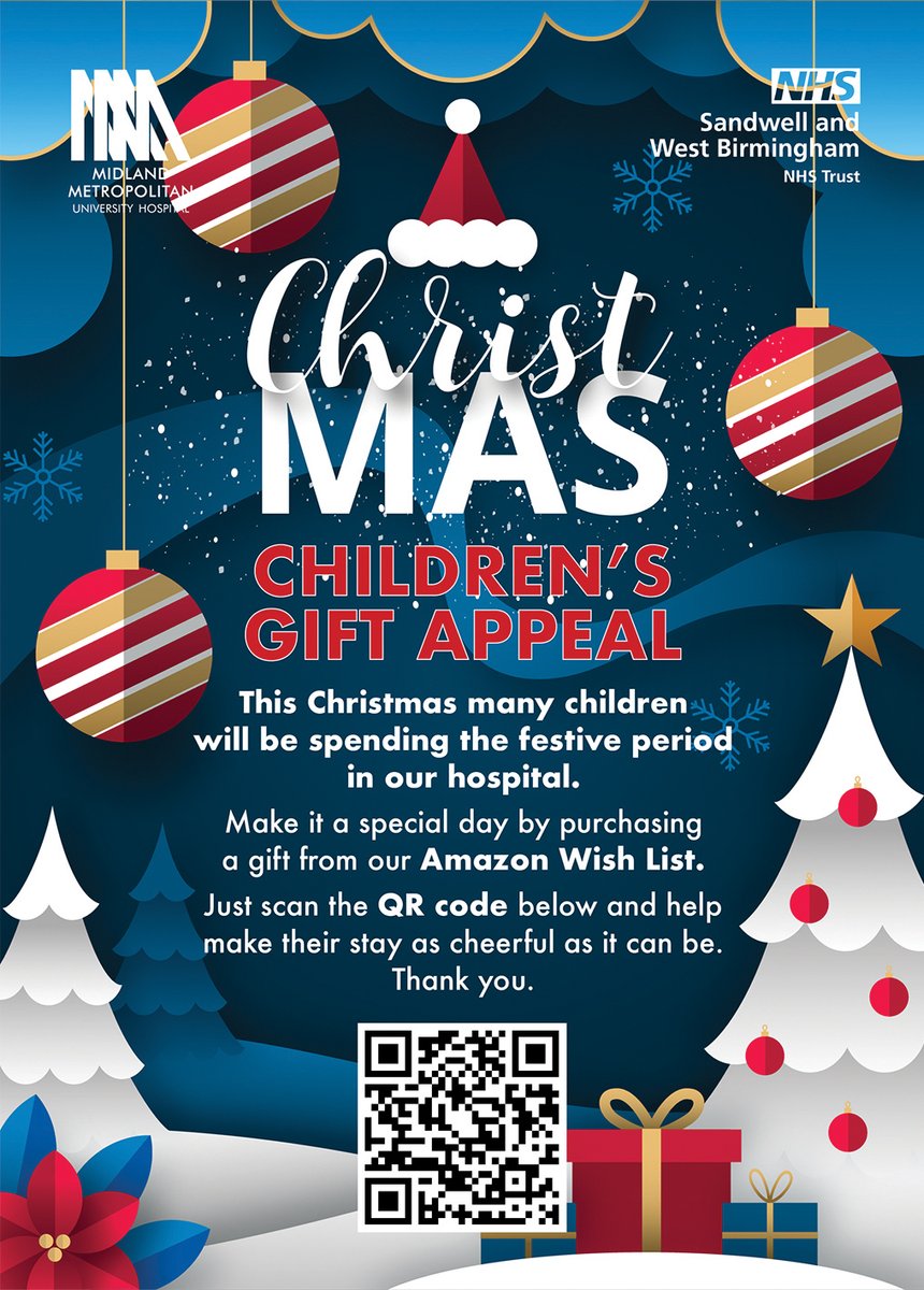 This Christmas many children will be spending the festive period in our hospital. Make it a special day by purchasing a gift from our Amazon wish list. Just click on the link amzn.eu/0MC4ANt or scan the QR code and help make their stay as cheerful as it can be. Thank you.
