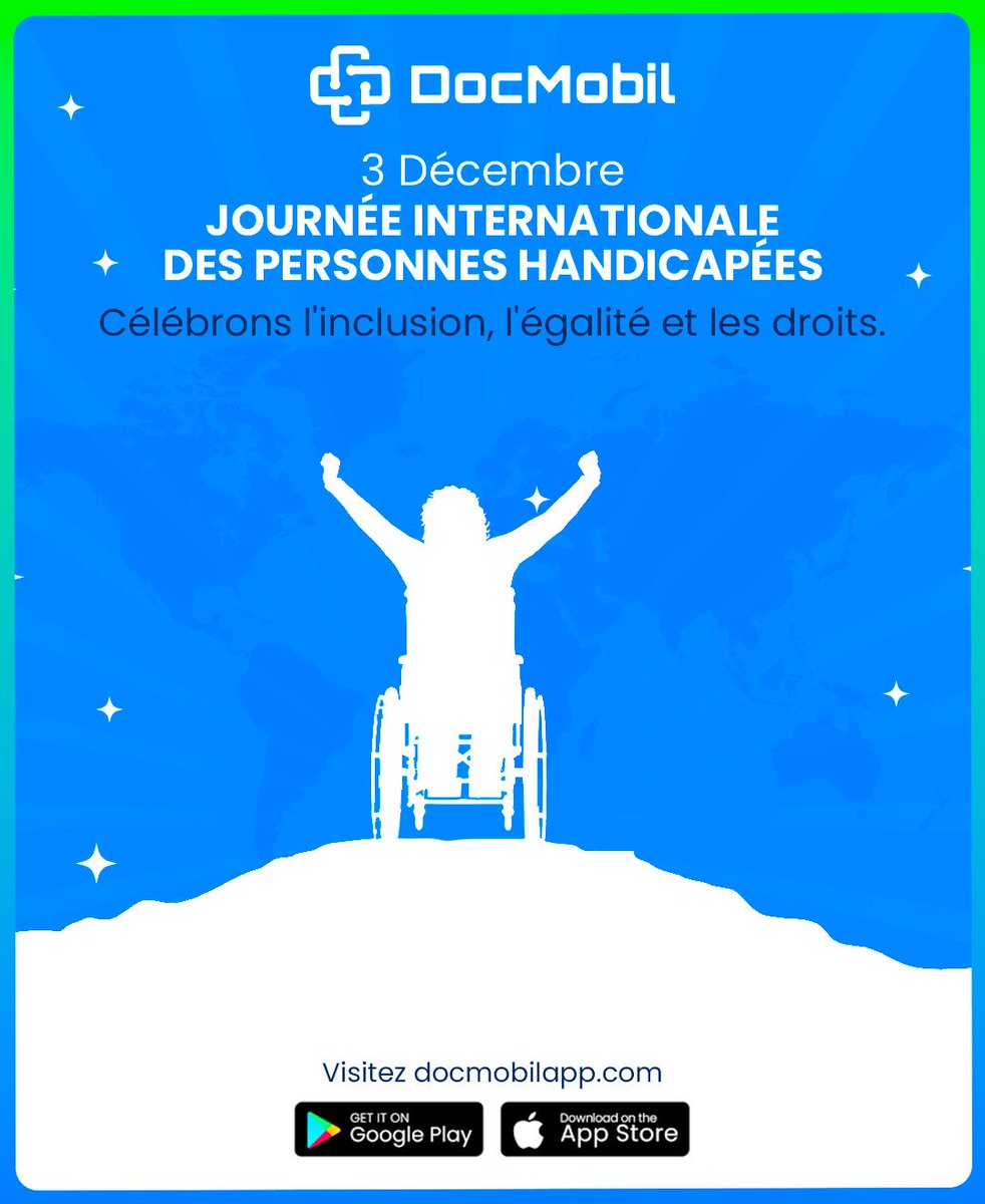 e 3 décembre, célébrons l’inclusion et l’égalité ! Ensemble, soutenons les droits des personnes handicapées. Avec DocMobil, accédez à des soins pour tous, partout. 🤝 #Inclusion #Égalité #JournéeDesPersonnesHandicapées