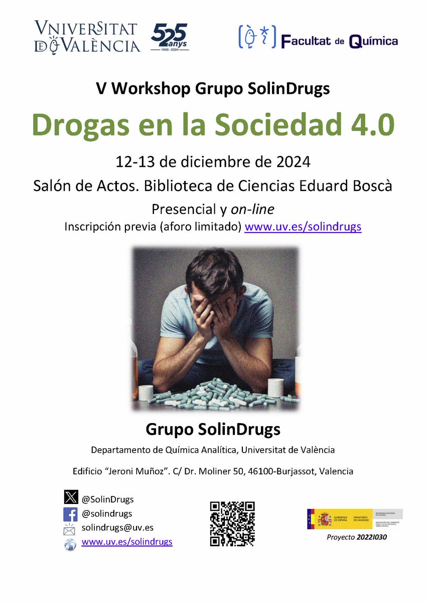 El próximo 12-13 de diciembre tendrá lugar el V Workshop del Grupo Solindrugs "Drogas en la Sociedad 4.0" en el Salón de actos de la Biblioteca Eduardo Boscà de la Universitat de València. Estáis tod@s invitad@s. Inscripción previa en uv.es/solindrugs