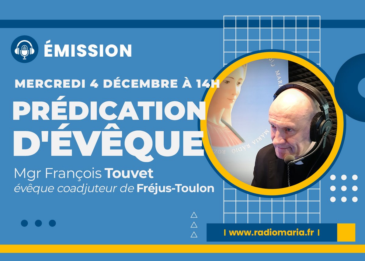 RadioMariaFr1's tweet image. 🕊 Rendez-vous le mercredi 4 décembre à 14h !
Mgr François Touvet partagera ses réflexions sur l’#Avent dans l’émission "Prédication d’évêque".
🙏 Préparons nos cœurs à accueillir le Sauveur qui vient !
#Avent #MgrTouvet #Prédication
@DioceseToulon @seminaireToulon @MgrTouvet