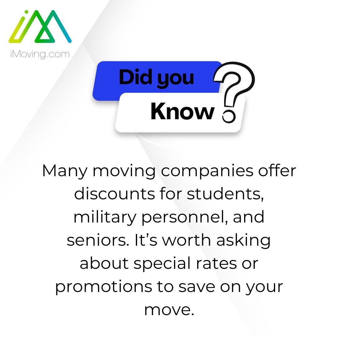 iMoving_Inc's tweet image. Did you know? Many moving companies offer discounts for students, military personnel, and seniors. Don't forget to ask about special rates and promotions to save on your move!  #MovingTips #Discounts #SaveOnMoving