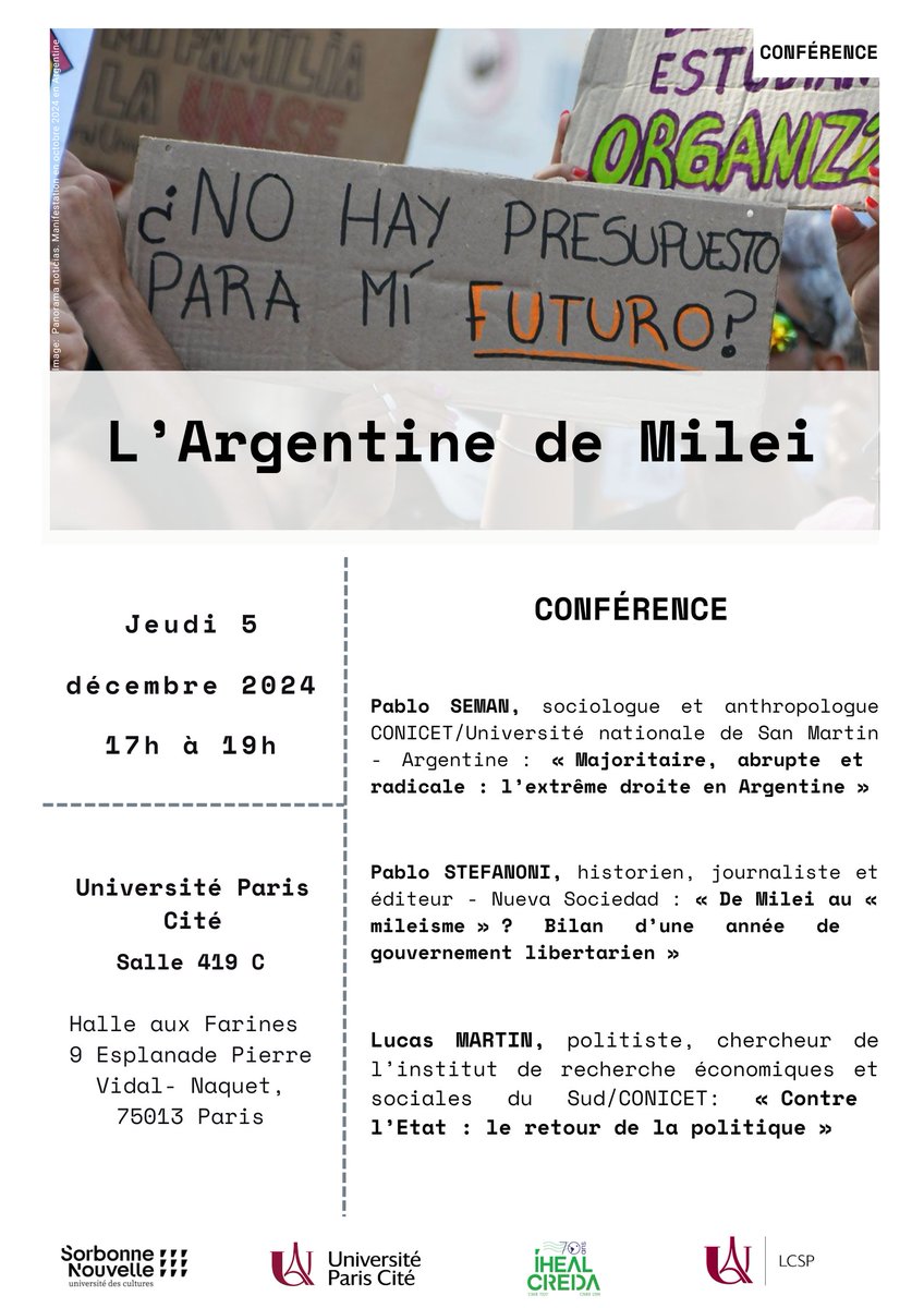 📚 Conférence sur l'Argentine de Javier Milei
Date : Jeudi 5 décembre 2024
📍Lieu : Université Paris Cité Salle 419 C
Hall aux  Farines
9 Esplanade Pierre Vidal – Naquet, 75013
⏰ Heure : 17h à 19h
🇺🇾Rejoignez-nous !