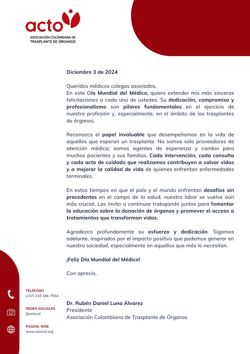 En el Día Mundial del Médico, celebramos su dedicación y compromiso. Son agentes de esperanza que transforman vidas a través de los trasplantes de órganos. Gracias por su esfuerzo y por promover la donación. ¡Sigamos salvando vidas juntos! #DíaDelMédico #ACTO