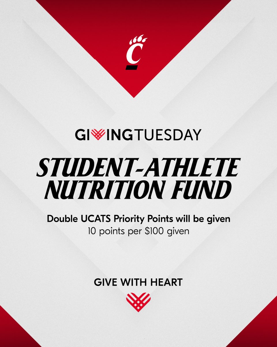 GoBEARCATS's tweet photo. It's #GivingTuesday! Support Bearcats student-athletes by contributing to the Student-Athlete Nutrition fund and receive double @GoBearcatsUCATS priority points. 

🎁: https://t.co/EhpKFhvkgC https://t.co/DL1nTVGL0u