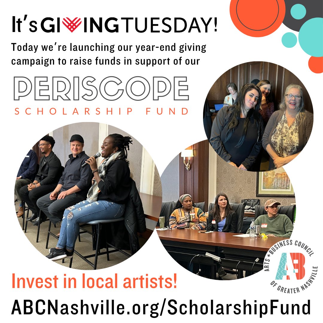 ABCNashville's tweet photo. It’s #GivingTuesday! We’re launching our year-end giving campaign to raise funds in support of the #Periscope Scholarship Fund. Ensure Periscope remains accessible to artists and creatives of all backgrounds. https://t.co/YdgoMa2D93 #KeepNashvilleCreative https://t.co/CyCSOcUvfw