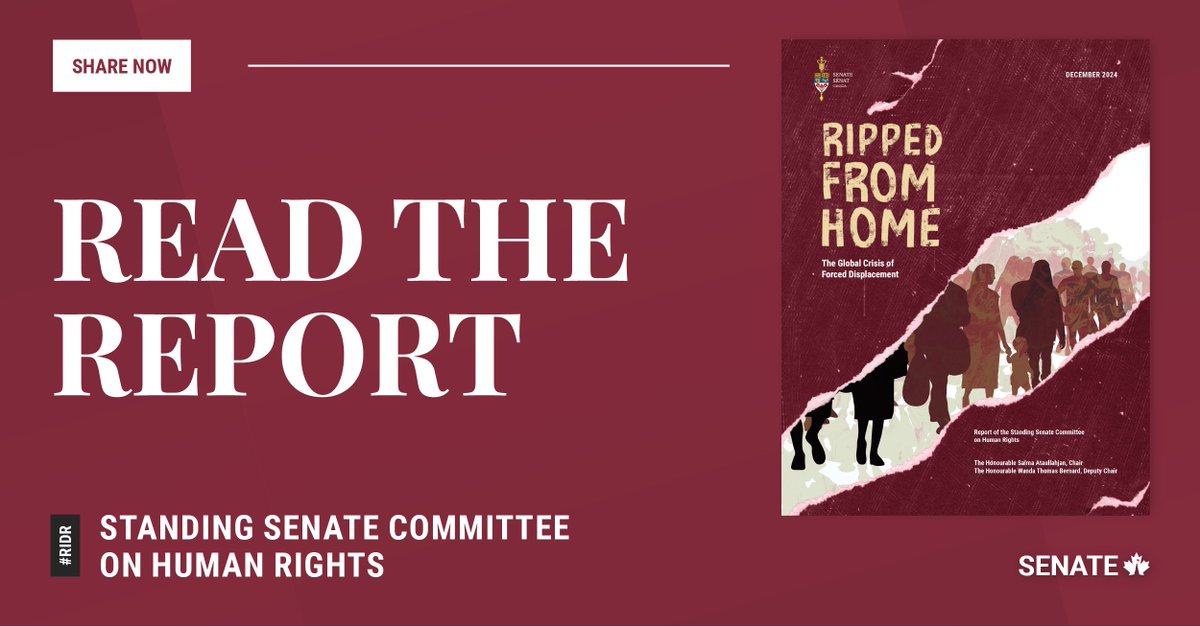 Canada is shirking its responsibility to growing millions of forcibly displaced people.

Read the Senate Committee on Human Rights’ new report on the global crisis of forced displacement: ow.ly/H8nS50UjkmU

#SenCA #RIDR #CdnPoli #Refugees