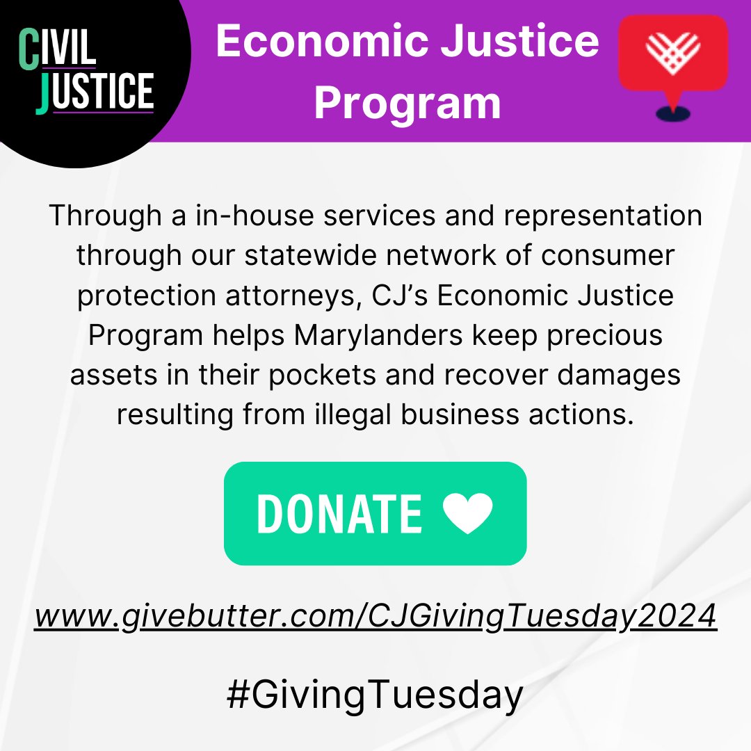 CivilJusticeInc's tweet photo. CJ’s Economic Justice Program advocates for Marylanders harmed by illegal and unsafe housing practices, unfair debt collection, and inaccuracies in tenant and credit reports.

This #GivingTuesday, show your support at https://t.co/zn43mHdb6o.

#EconomicJustice #CivilJustice https://t.co/fUvorgyr5P