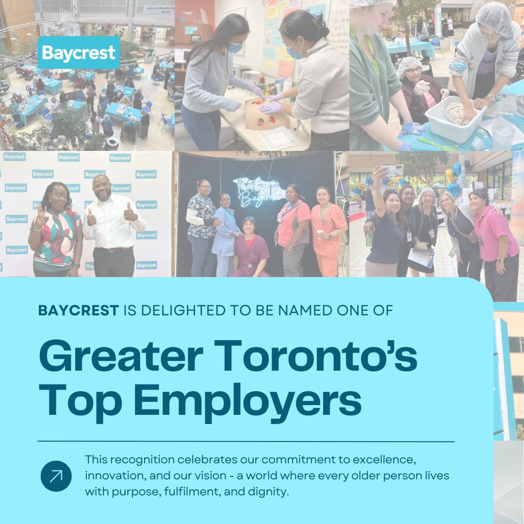 #Baycrest is proud to be named one of Greater Toronto’s Top Employers for 2025 💙 This honour, for the 2nd year in a row, reflects our team's excellence, innovation, and commitment to our vision: a world where every older adult lives with purpose, fulfillment, and dignity.