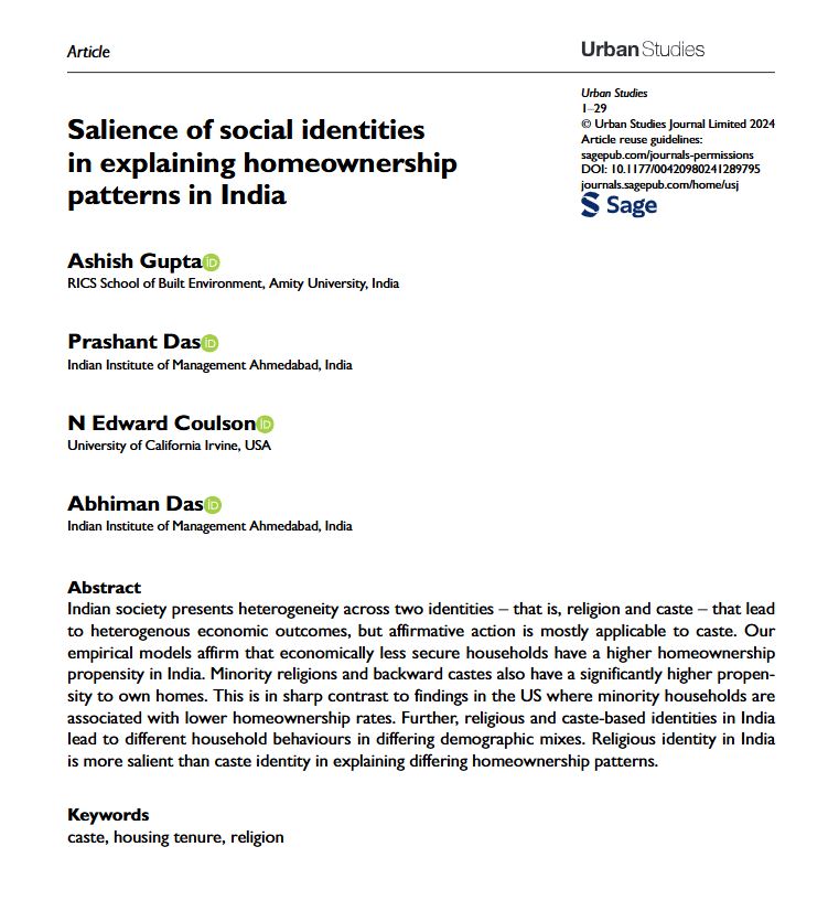 USJ_online's tweet photo. New article by Ashish Gupta et al: Salience of social identities in explaining homeownership patterns in India
https://t.co/pFDHSNDscK
#HousingTenure #caste #religion https://t.co/s0TrGt108h