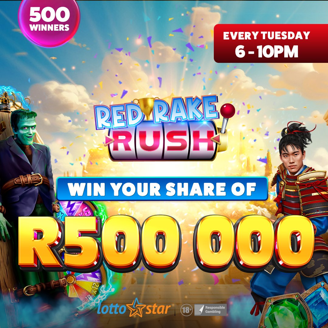 Lotto_Star's tweet photo. Get ready for a THRILLING spin in tonight's Red Rake Rush Tournament! 🎰 

Dive into the action from 6 - 10 PM and you could spin your way to a share of R500,000. 💰 

Are you ready to climb to the top of the leaderboard? 🏆
#LottoStar #RedRake #Spinthereels #HappyTuesday https://t.co/uoTETL7LMj