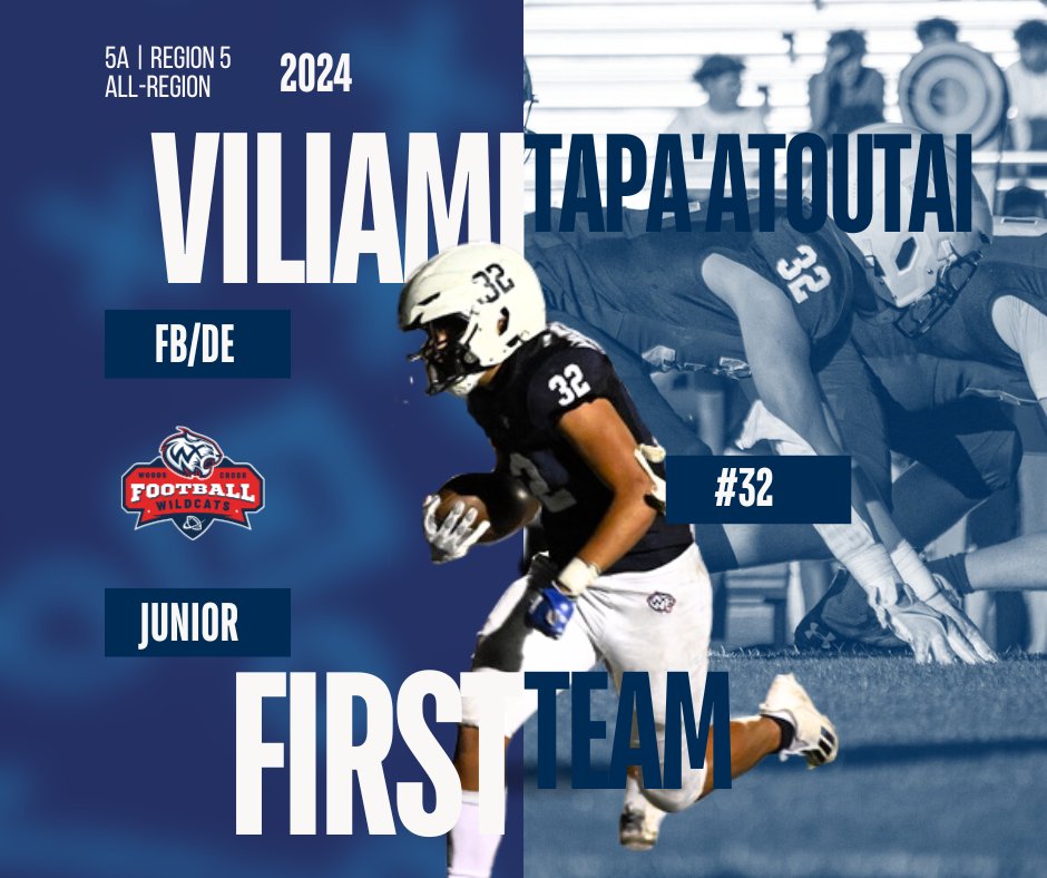 🎉 Congrats to Junior Viliami Tapa’atoutai (FB/DE) for earning 1st Team 5A Region 5 Honors! 💪 Over 1,600 rushing yards, 23 TDs, and 10 sacks this season—an absolute force on both sides of the ball! Proud of you! 🐾 #WildcatsPride #1stTeamRegion5 #GoWildcats