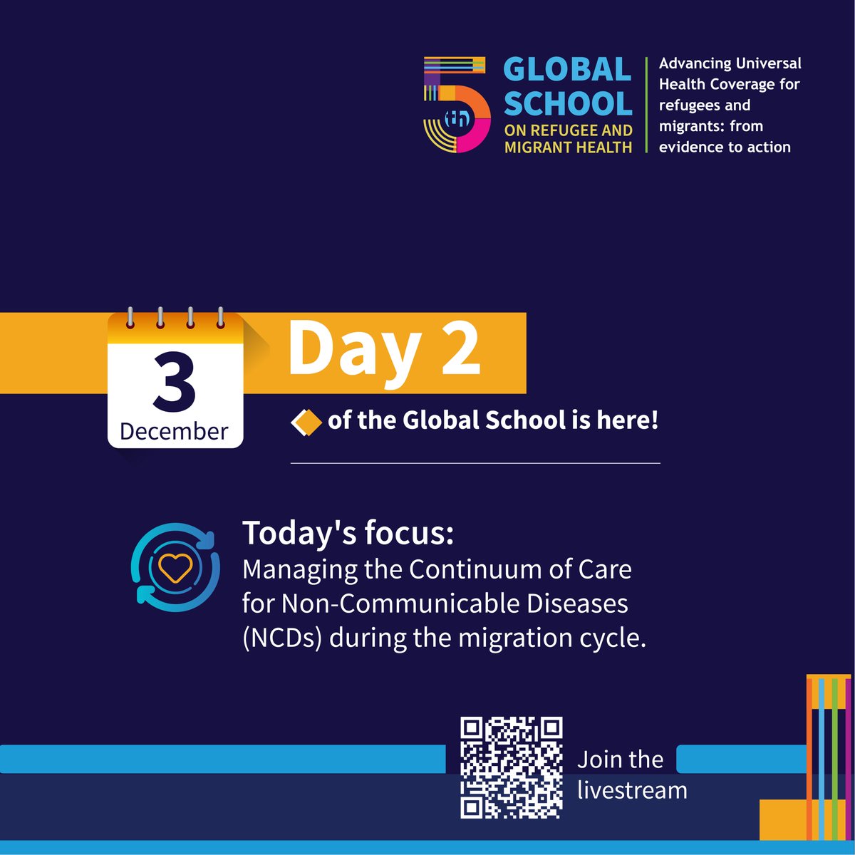 🌍 Day 2 of the Global School is here! 🗓️

🔑 Today’s focus: Managing the Continuum of Care for Non-Communicable Diseases (NCDs) during the migration cycle.

📺 Join the livestream: bit.ly/4eQQ7hA

#WHOMigrationHealth #WHO #GlobalHealth