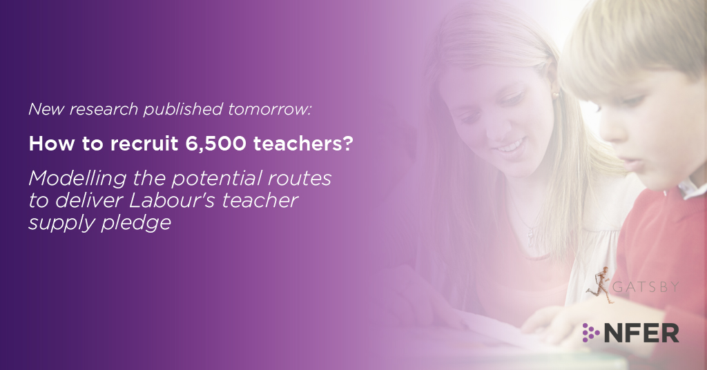 We will be publishing new research, funded by @gatsbyed, tomorrow which looks at how the government could achieve its manifesto pledge of finding 6,500 additional teachers.
 
Keep a look out for updates on our website to learn more.
