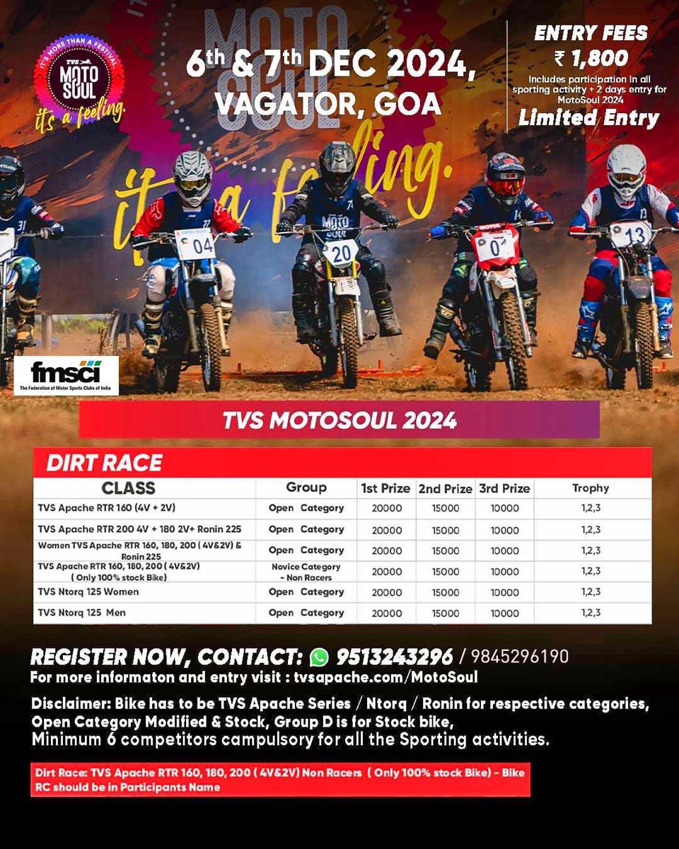 motoportseena's tweet image. TVS MotoSoul Dirt Track for 2wheelers at Hill Top, Vagatore, Goa.
Scrutinee, documentation and entry formulaties on 6th December 2024 followed by Qualifying.
7th December 2024 Final races #autotrack