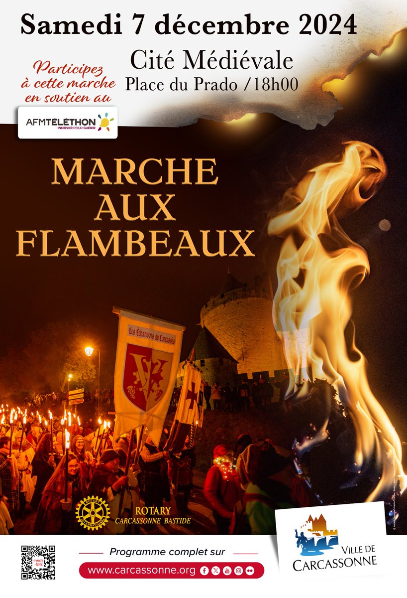 🏰✨ La Marche aux flambeaux est de retour à #Carcassonne le 7 décembre ! 🛡️⚔️ Rejoignez le cortège à 18h30 sur le parvis du  pont levis pour une déambulation jusqu'à la place Carnot.  Soutenez le #Téléthon et vivez une expérience médiévale unique ! 💖🔥
tourisme-carcassonne.fr/temps-forts/la…