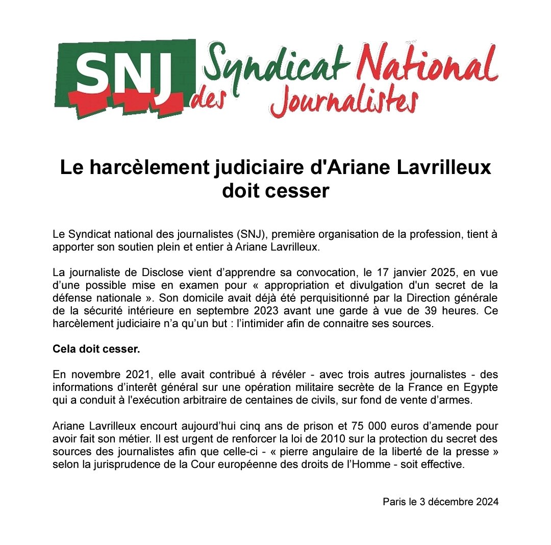 SNJ_national's tweet photo. TOTAL SOUTIEN à la journaliste @AriaLavrilleux convoquée par la Justice en janvier, en vue d'une mise en examen, 15 mois après ses 39 heures de garde à vue et la perquisition de son domicile par la DGSI 
@Disclose_ngo 
😡😡😡 
https://t.co/qGz7Ega0S8 https://t.co/XadxPmeiKS