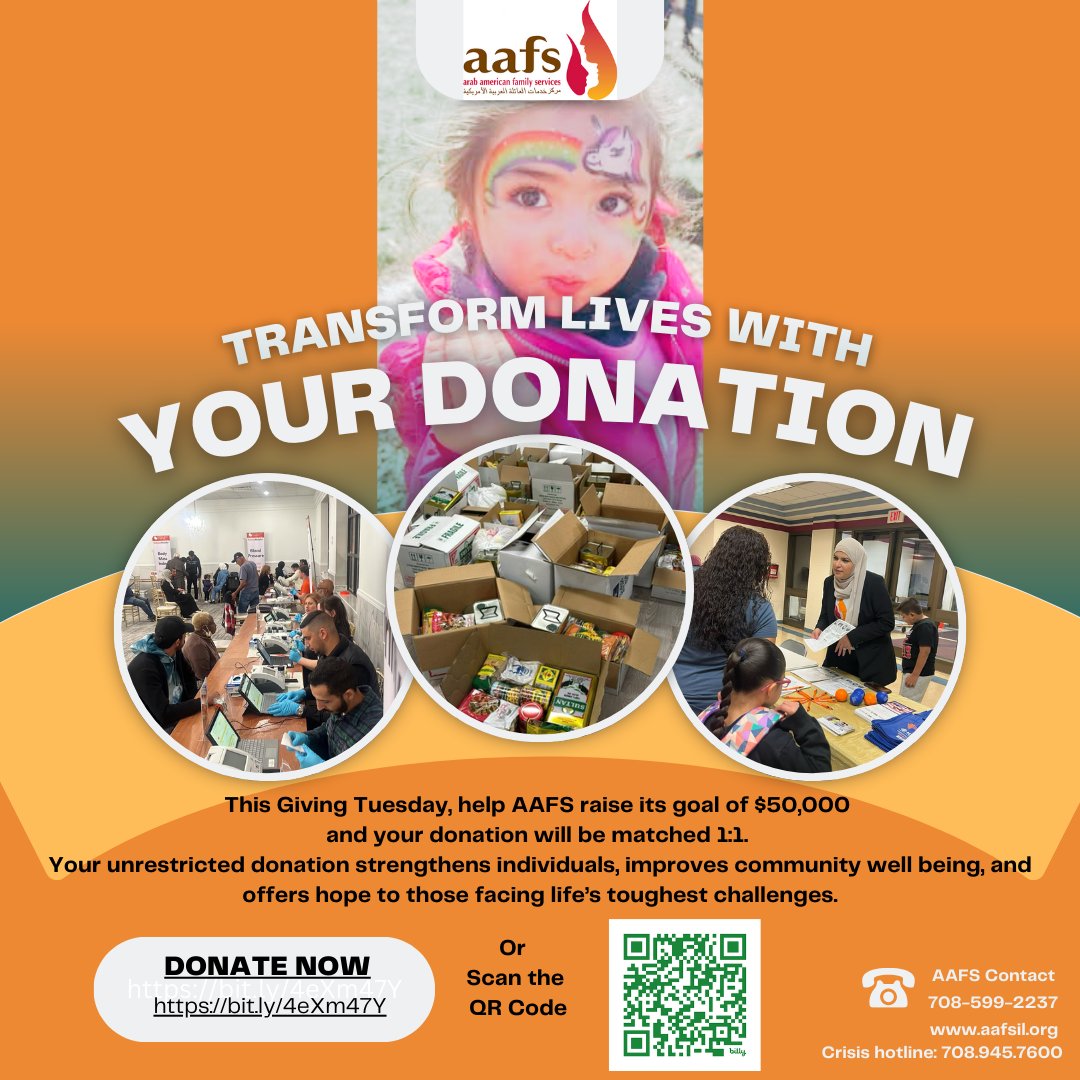 Today is Giving Tuesday! Join AAFS in reaching our $50,000 goal, and your donation will be matched 1:1.
To donate please click on the following link: bit.ly/4eXm47Y or scan the QR Code. Your donation is zakat eligible and tax deductible.
As always, Thank you from AAFS .