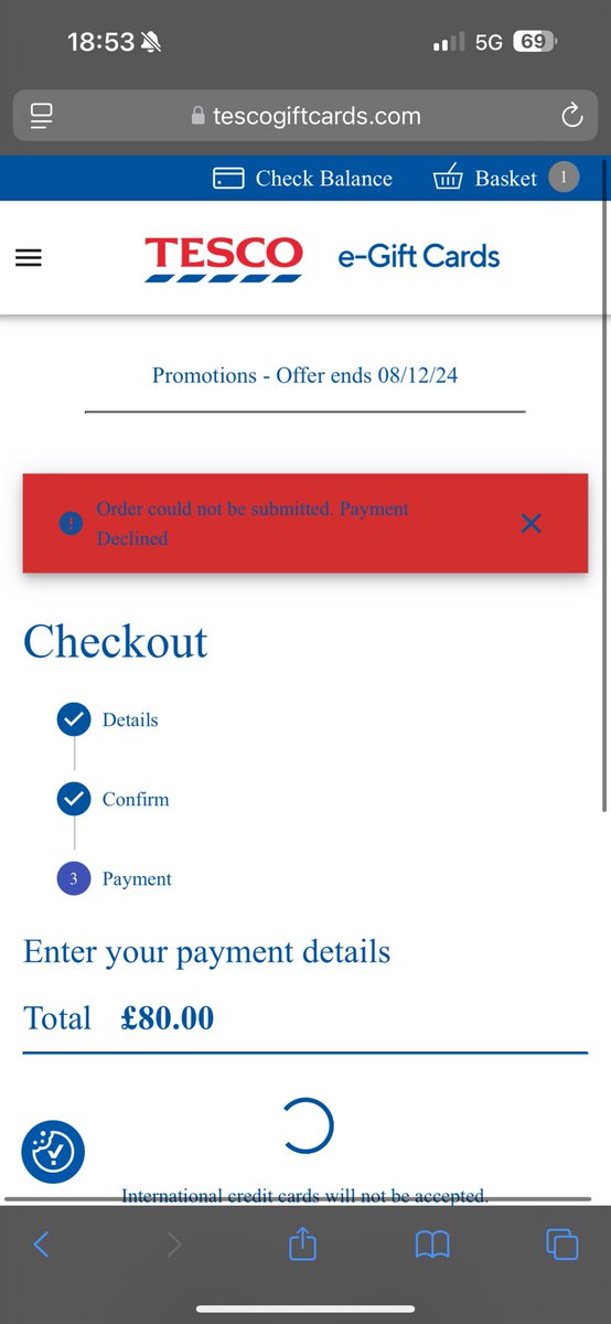Rich_Razz's tweet photo. @Tesco when are you going to actually sort purchasing gift cards? It has not worked for a week, now less than a week on promotions. Stop fobbing off with its a 3rd running for you and they are attempting to fix. How about use your SLAs , as they are failing to deliver a service. https://t.co/qHgZ9yZMkZ