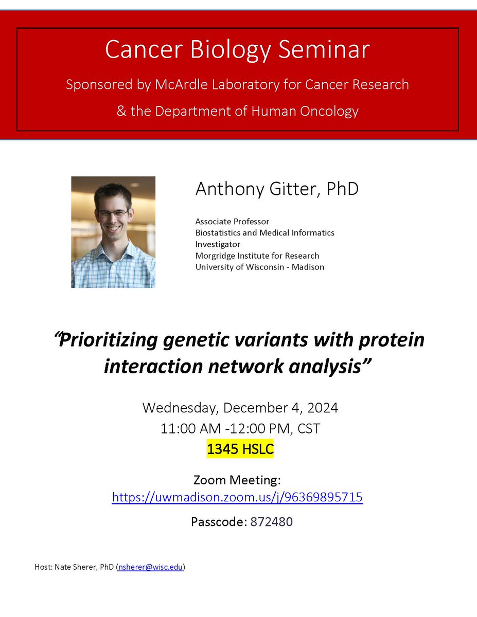 Tomorrow at 11 am CST: join in person or on Zoom for the latest #cancerbiologyseminar. Sponsored by  #mcardlelab . uwmadison.zoom.us/j/96369895715