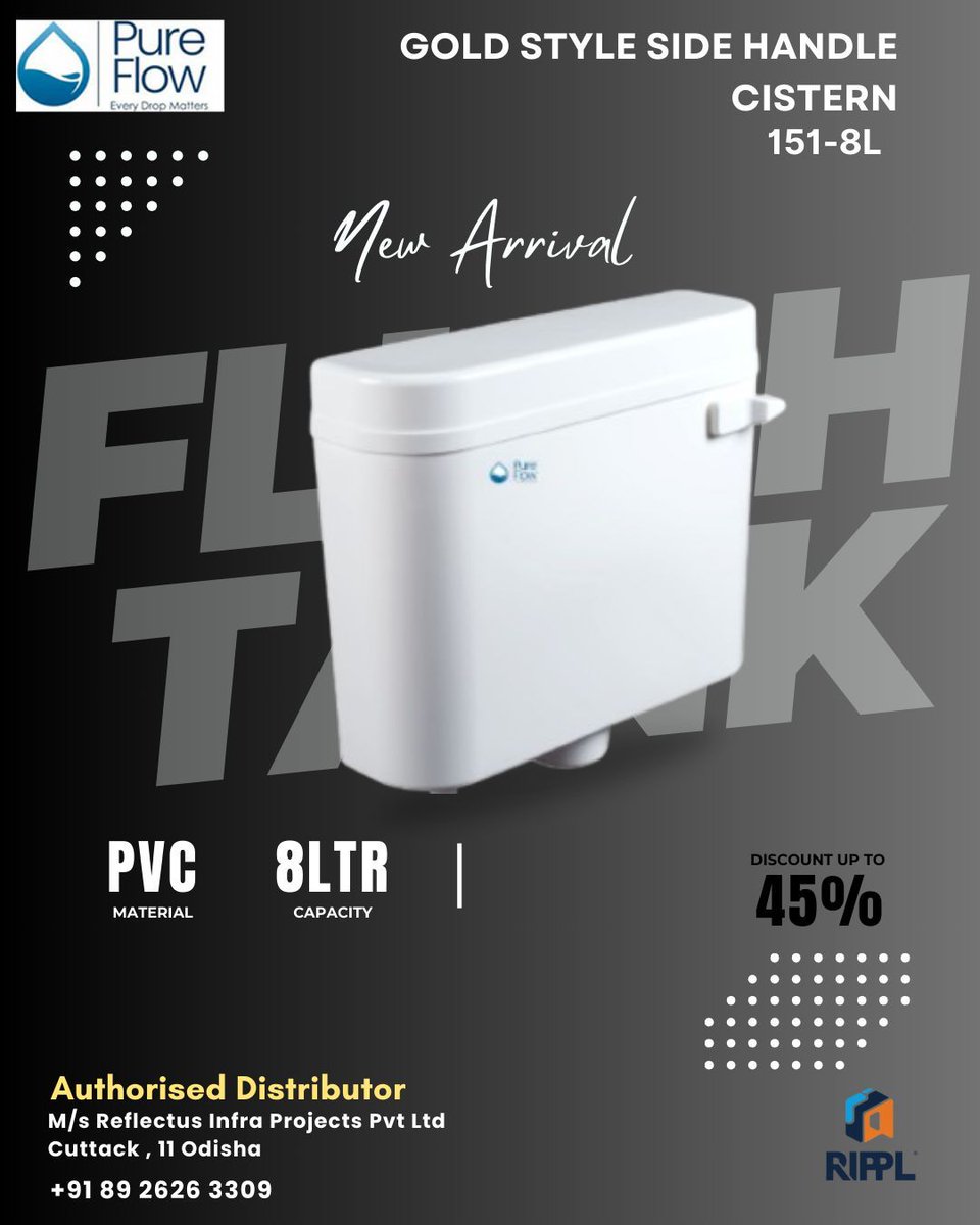 Rippl_Odisha's tweet image. 💧 Gold Style Side Handle Cistern (151-8L) 💧  

✅ Premium PVC Material  
✅ 8L Capacity  
✅ Up to 45% Off  

📍 Available at Reflectus Infra Projects Pvt Ltd, Cuttack  
📞 +91 89 2626 3309

Hurry, grab yours now! 🏷️ #PureFlow #BathroomUpgrade #RIPPL