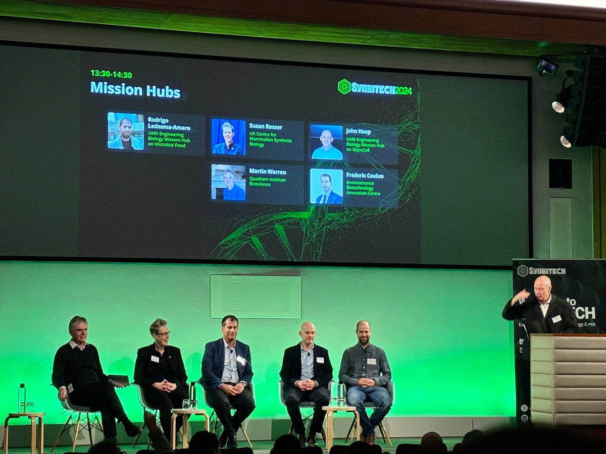 ProfTomEllis's tweet photo. At #SynbiTECH this afternoon we also heard from the directors of 5 of the 6 UKRI Engineering Biology Mission Hubs. https://t.co/P99aCipGzx