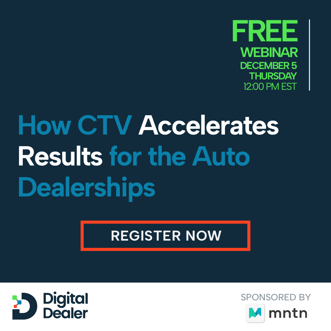 DigitalDealer's tweet image. Turbocharge your Auto Dealership with Connected TV! Join our webinar on Dec 5, 12 PM EST to learn how to reach high-intent audiences. Sign up now! hubs.ly/Q02Z-LgR0 #Webinar #ConnectedTV #AutoDealership