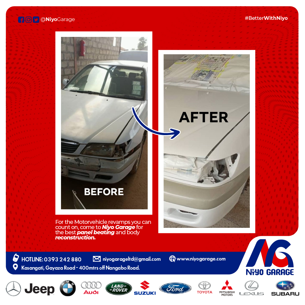 NiyoGarage's tweet image. Your #beforeandafter miracle is just a phone call away. Get in touch with us for the best #autocare #panelbeating, #BodyRestoration &amp;amp; #reconstruction services.😉 Find us in Kasangati, 400 meters off Nangabo Rd. Or #CallOrWhatsapp; 0757001002/0776202785. #TipTuesday @ArafatMawejje