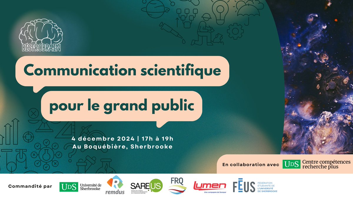 ComSciCon-QC (@comsciconqc) on Twitter photo 🎙️Nous sommes heureux de vous annoncer le prochain événement de <a href="/bistro_brain/">BistroBrain</a> Sherbrooke, Communication scientifique pour le grand public!
📌Quand et où? Le 4 décembre prochain à 17h, à la Microbrasserie Boquébière.
👀Pour plus d’info : facebook.com/events/1868390… 🎙️Nous sommes heureux de vous annoncer le prochain événement de <a href="/bistro_brain/">BistroBrain</a> Sherbrooke, Communication scientifique pour le grand public!
📌Quand et où? Le 4 décembre prochain à 17h, à la Microbrasserie Boquébière.
👀Pour plus d’info : facebook.com/events/1868390…
