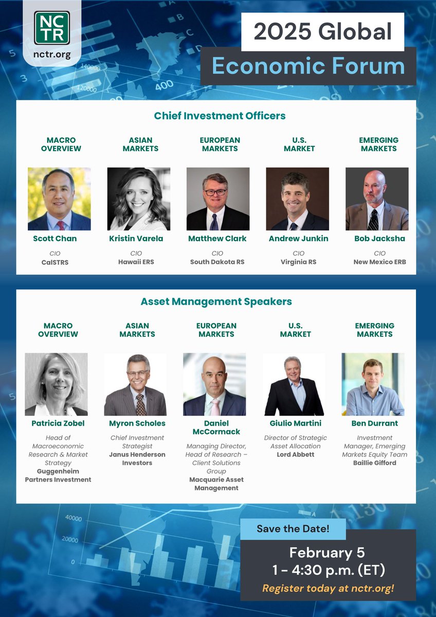 Join us on Feb. 5 at 1 PM/ET for the 2025 Global Economic Forum, to hear leading economists &amp; investment strategists provide their insights into the current global economic landscape &amp; offer perspectives on navigating today’s market challenges.
Register: nctr.org/upcoming-event…