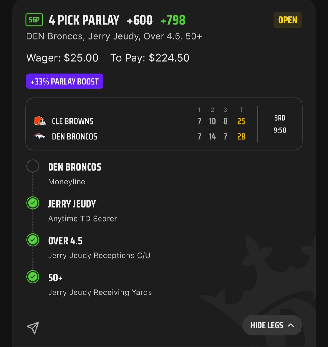 HighStakesVIP's tweet image. BONAFIDE WINS! 🔥

Jerry Jeudy had a big night, and so did @BonafideBets! 💰

$25 👉 $225 ✅️

Click the link and join us free!

🔗 discord.gg/CHEwEsV2Wa

#NFL #DawgPound #DraftKings #CLEvsDEN #FreePicks #PlayerProps #SportsBetting #GamblingX